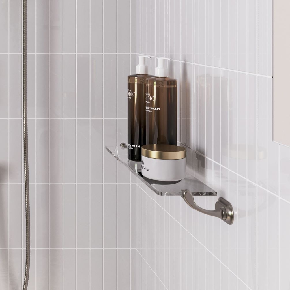 Lifestyle image of Burlington Guild Brushed Nickel Wall Mounted Glass Shelf